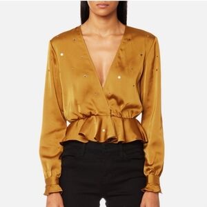 For Love & Lemons Twinkle Gold Star Women's Crop Top Long Sleeve Ruffle Small